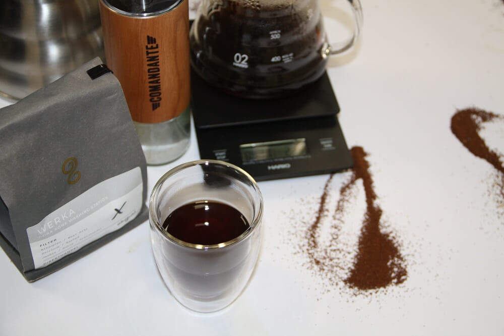 Comandante C40 MK3 neben frisch gemahlenem und gebruehtem Kaffee