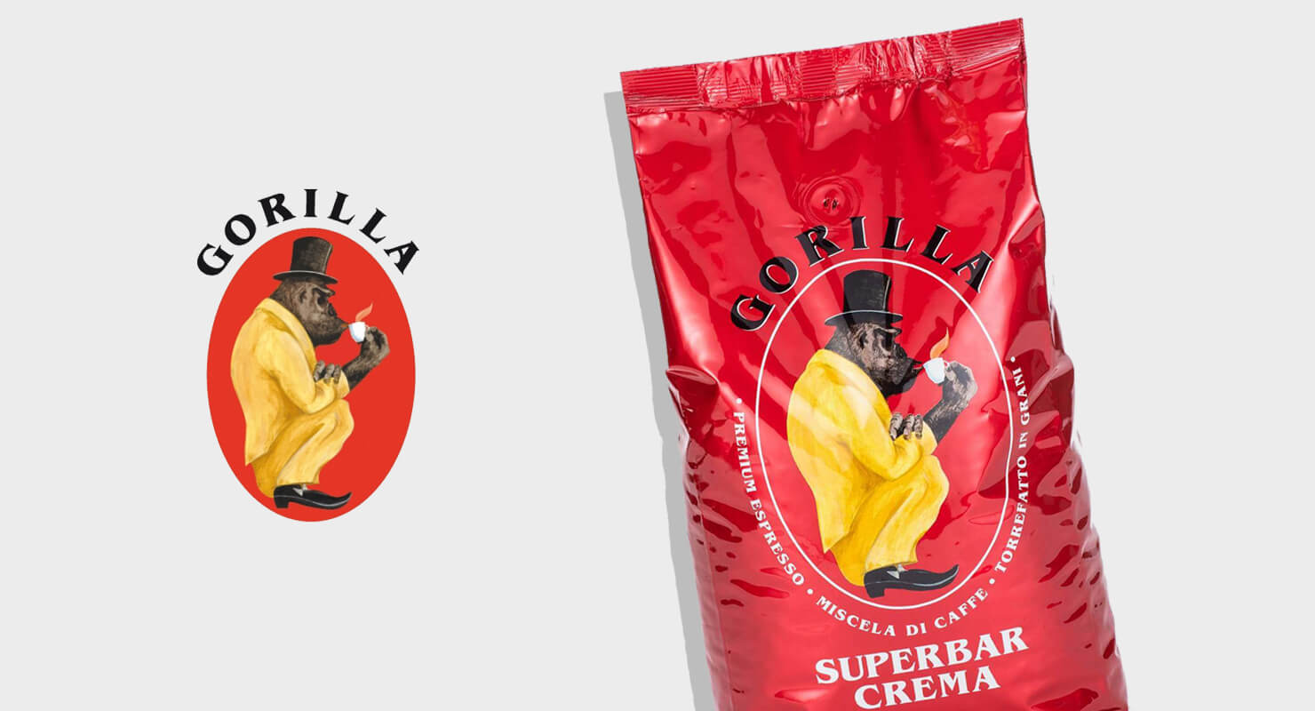 Gorilla Logo neben Packung Gorilla Superbar Crema