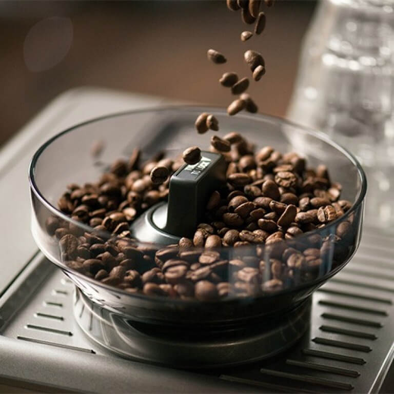 Sage Siebträger Mahlwerk mit frischen Kaffeebohnen